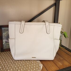 Fossil White Leather Tote Over The Shoulder Bag